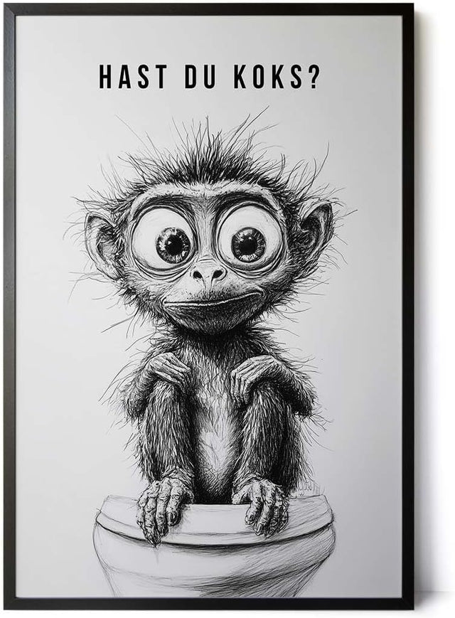 Paul Sinus Poster/Leinwandbild/Rahmenoption – Verrückter Affe auf Toilette „Hast du Koks?“ – Lustige WC-Deko für dein Badezimmer