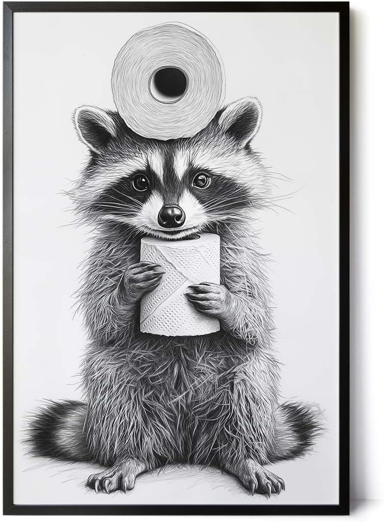 Paul Sinus Poster/Leinwandbild/Rahmenoption – Waschbär mit Klopapier – Lustige WC-Deko für dein Badezimmer