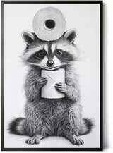 Paul Sinus Poster/Leinwandbild/Rahmenoption – Waschbär mit Klopapier – Lustige WC-Deko für dein Badezimmer