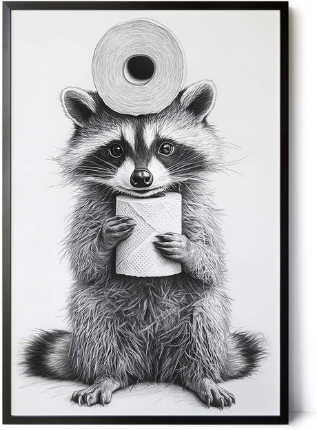 Paul Sinus Poster/Leinwandbild/Rahmenoption – Waschbär mit Klopapier – Lustige WC-Deko für dein Badezimmer