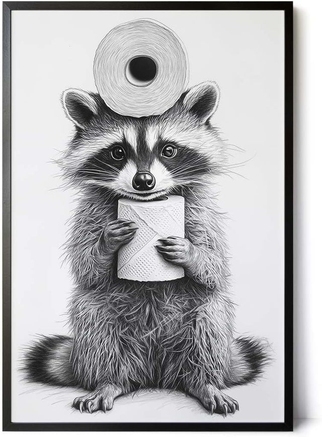 Paul Sinus Poster/Leinwandbild/Rahmenoption – Waschbär mit Klopapier – Lustige WC-Deko für dein Badezimmer