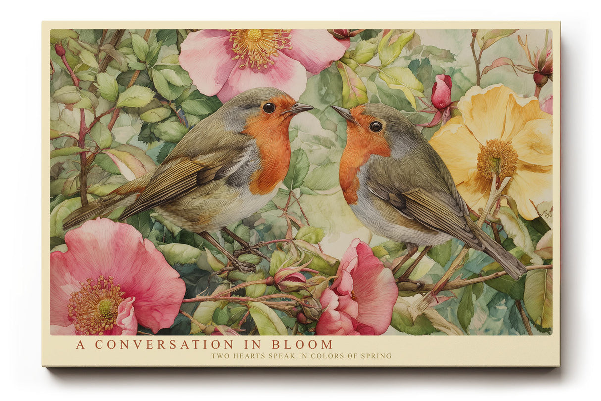 Paul Sinus Wandbild A Conversation in Bloom Romantic Robins in Colorful Garden of Spring