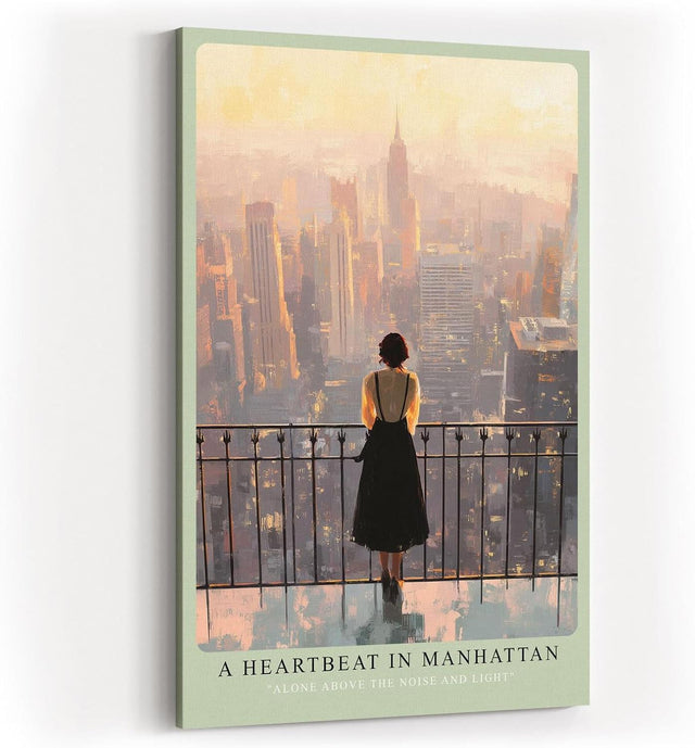 Paul Sinus Wandbild in 40x60cm A Heartbeat in Manhattan – Frau auf Balkon mit Blick auf New Yorker Skyline im Abendlicht, stimmungsvolles Stadtmotiv