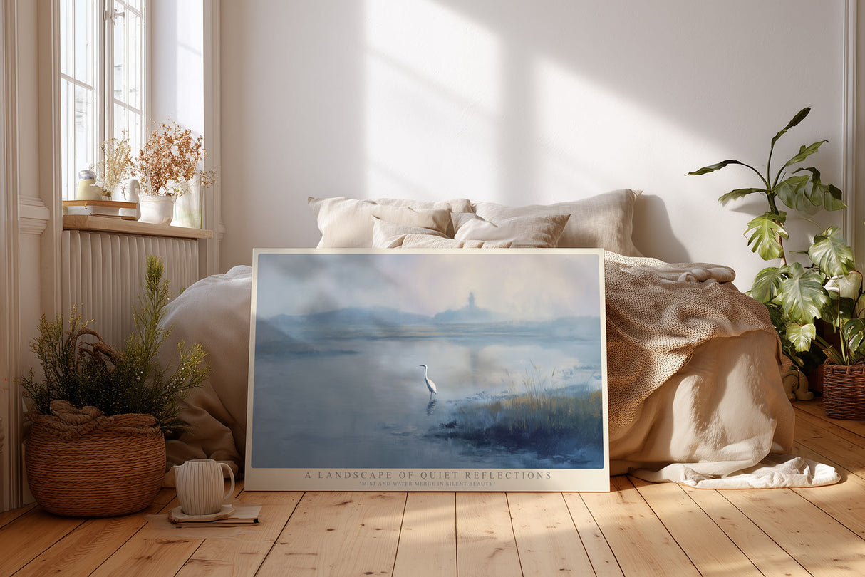 Paul Sinus Wandbild A Landscape of Quiet Reflections – Mystische Landschaft mit Reiher im Nebel über stillem Wasser, poetisches Naturmotiv in sanften Blautönen
