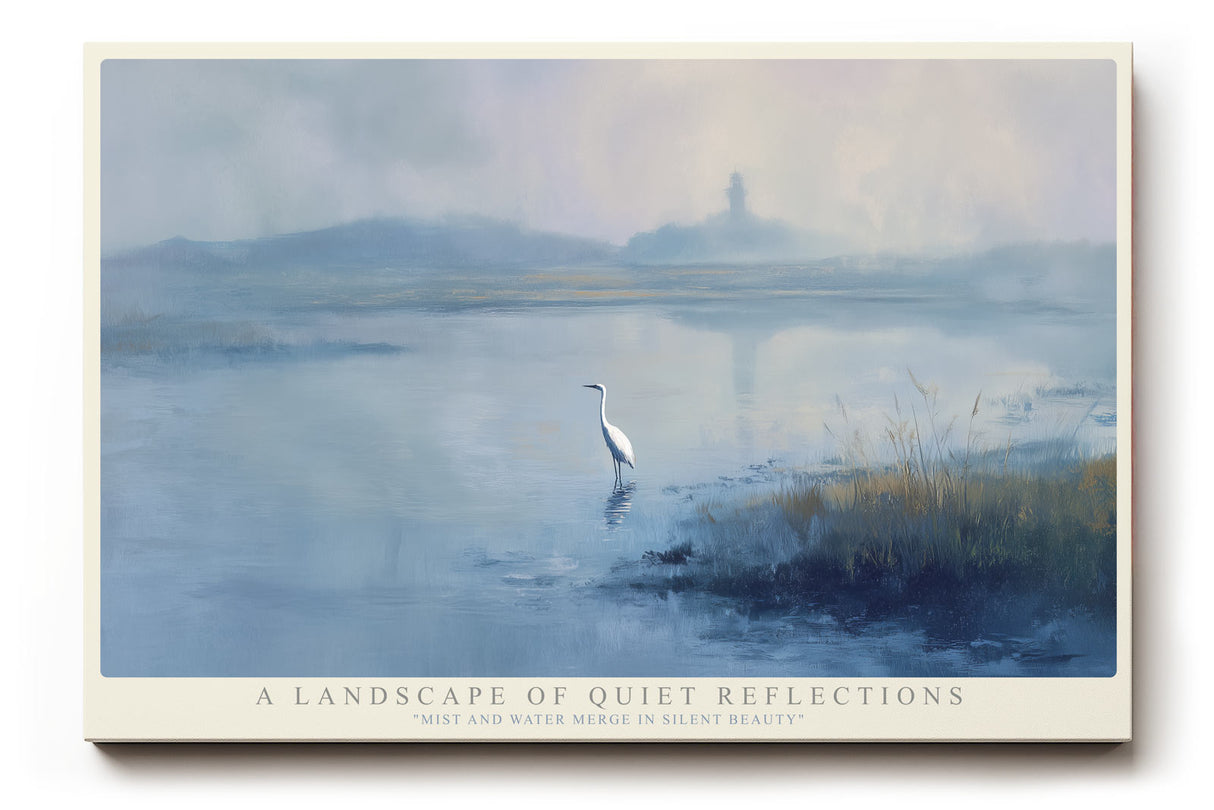 Paul Sinus Wandbild A Landscape of Quiet Reflections – Mystische Landschaft mit Reiher im Nebel über stillem Wasser, poetisches Naturmotiv in sanften Blautönen