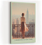 Paul Sinus Wandbild in 40x60cm A Morning in New York – Frau auf Balkon mit Blick auf Empire State Building, stimmungsvolles Stadtmotiv im Morgenlicht