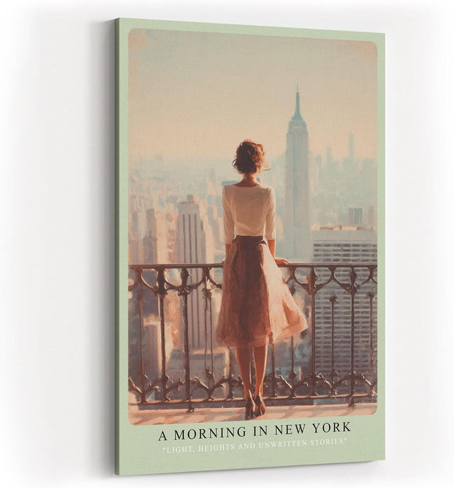 Paul Sinus Wandbild in 40x60cm A Morning in New York – Frau auf Balkon mit Blick auf Empire State Building, stimmungsvolles Stadtmotiv im Morgenlicht