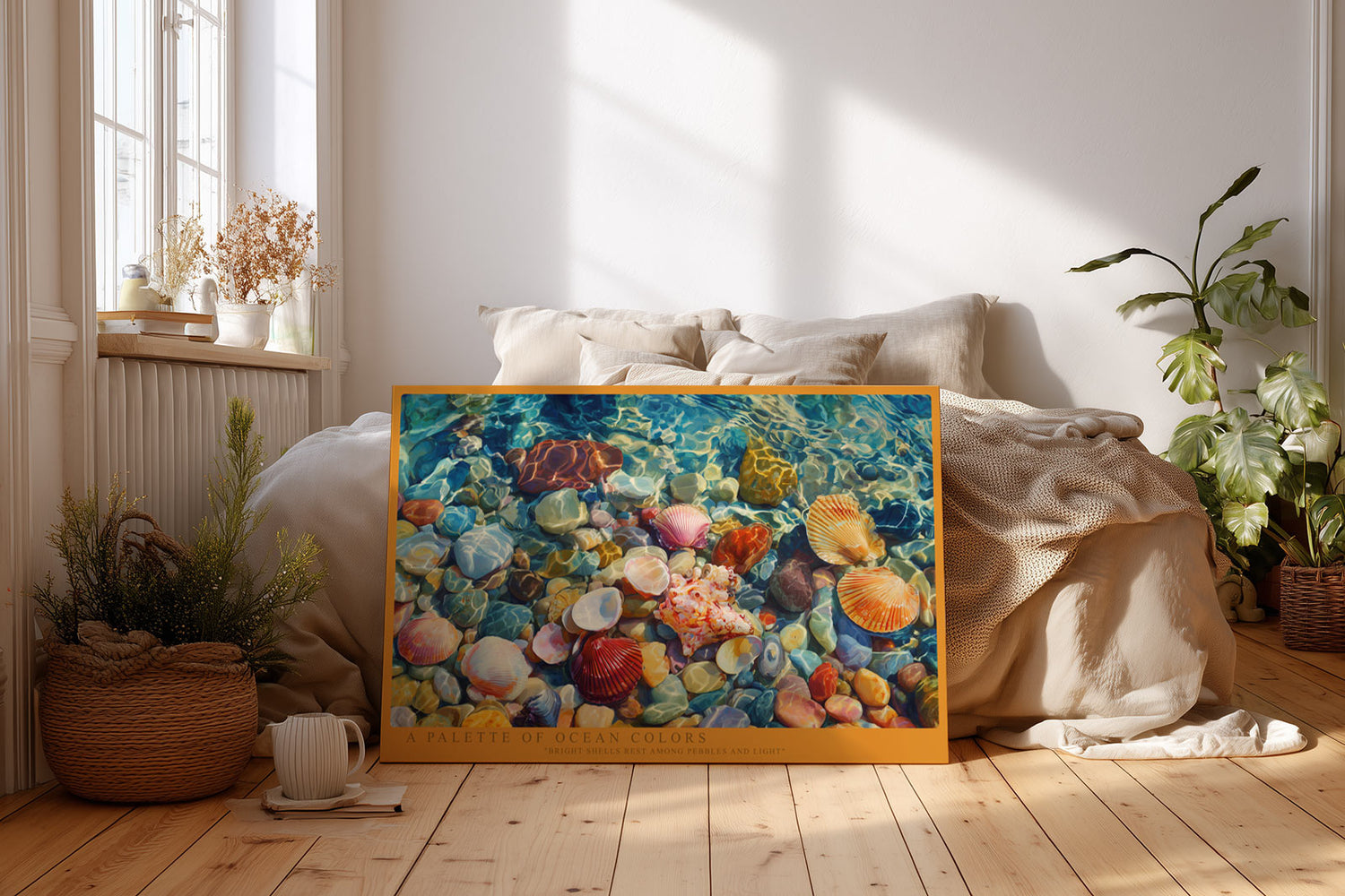 Paul Sinus Wandbild A Palette of Ocean Colors – Leuchtende Muscheln und Steine unter klarem Wasser, realistisches Meeresmotiv voller Lichtreflexe