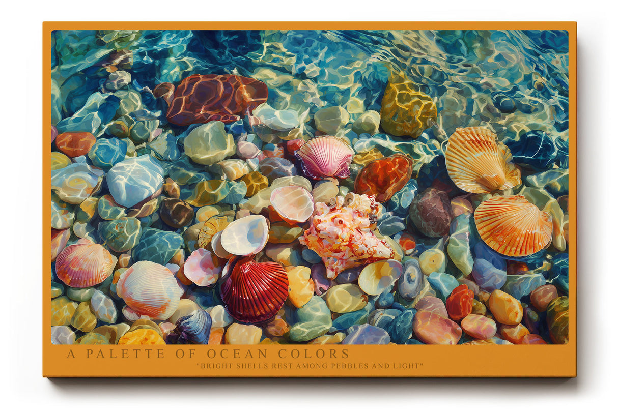 Paul Sinus Wandbild A Palette of Ocean Colors – Leuchtende Muscheln und Steine unter klarem Wasser, realistisches Meeresmotiv voller Lichtreflexe