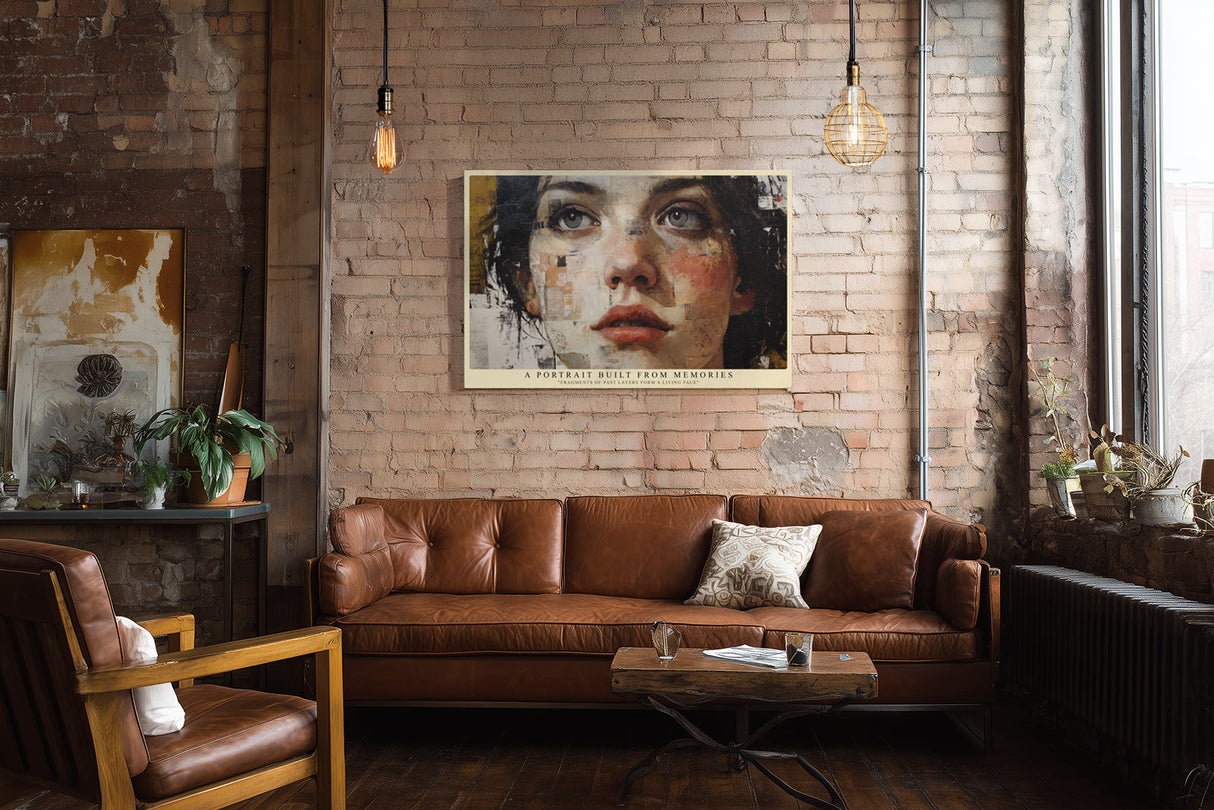 Paul Sinus Wandbild A Portrait Built from Memories – Ausdrucksstarkes Porträt einer Frau aus collageartigen Fragmenten, modernes Kunstwerk voller Tiefe und Emotion