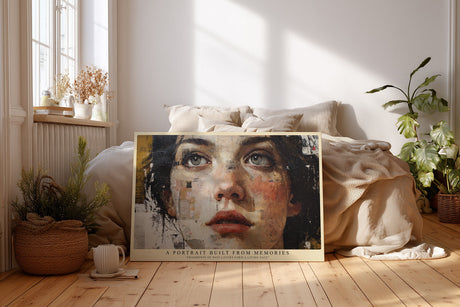 Paul Sinus Wandbild A Portrait Built from Memories – Ausdrucksstarkes Porträt einer Frau aus collageartigen Fragmenten, modernes Kunstwerk voller Tiefe und Emotion