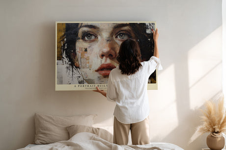 Paul Sinus Wandbild A Portrait Built from Memories – Ausdrucksstarkes Porträt einer Frau aus collageartigen Fragmenten, modernes Kunstwerk voller Tiefe und Emotion