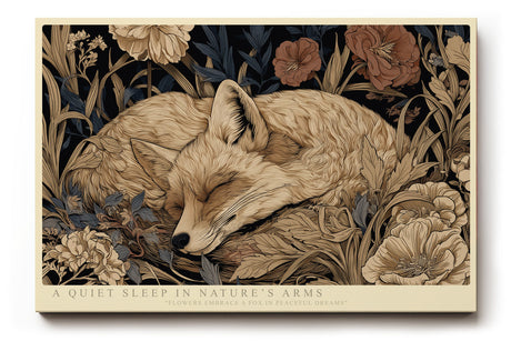 Paul Sinus Wandbild A Quiet Sleep in Nature’s Arms – Friedlich schlafender Fuchs umgeben von Blumen, detailreiche Naturillustration in warmen Erdtönen
