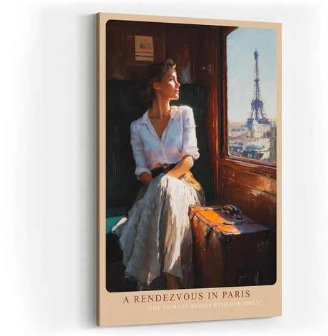 Paul Sinus Wandbild in 40x60cm A Rendezvous in Paris – Frau im Zug mit Blick auf den Eiffelturm, romantische Stadtszene im warmen Licht