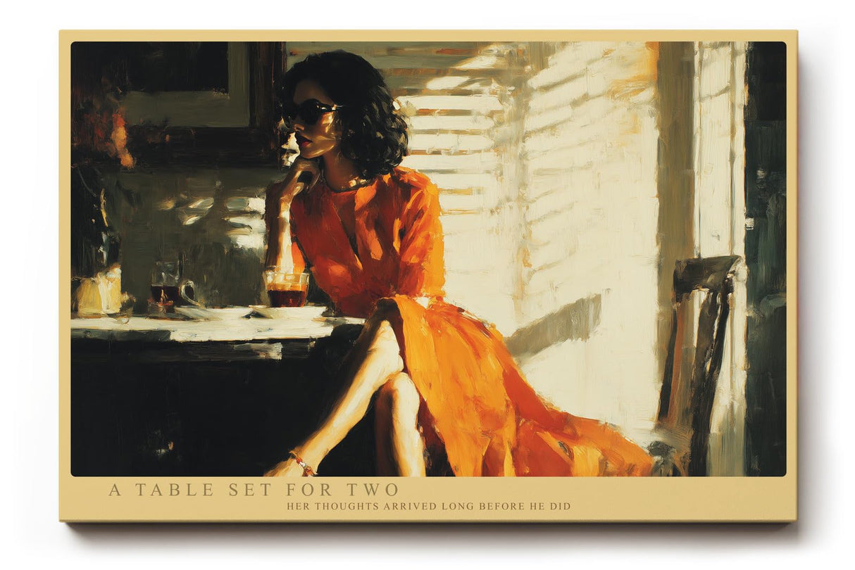 Paul Sinus Wandbild 120x80cm A Table Set for Two romantische Café Szene mit Frau im roten Kleid Kunst Poster für Wohnzimmer Schlafzimmer