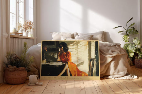 Paul Sinus Wandbild 120x80cm A Table Set for Two romantische Café Szene mit Frau im roten Kleid Kunst Poster für Wohnzimmer Schlafzimmer