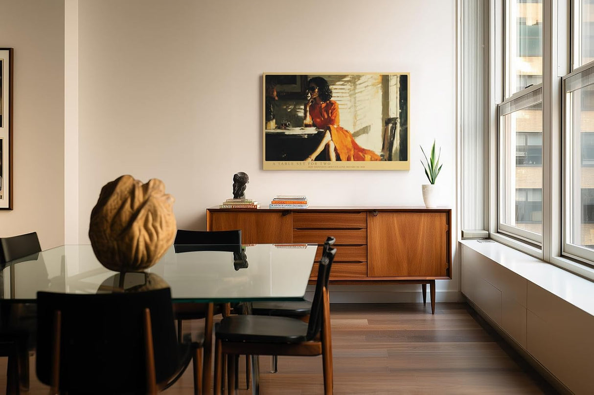 Paul Sinus Wandbild 120x80cm A Table Set for Two romantische Café Szene mit Frau im roten Kleid Kunst Poster für Wohnzimmer Schlafzimmer