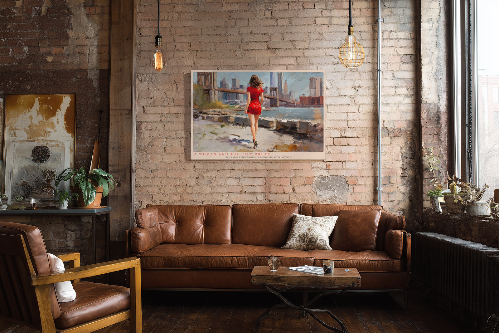 Paul Sinus Wandbild A Woman and the City Dream Red Dress Beside the River Skyline