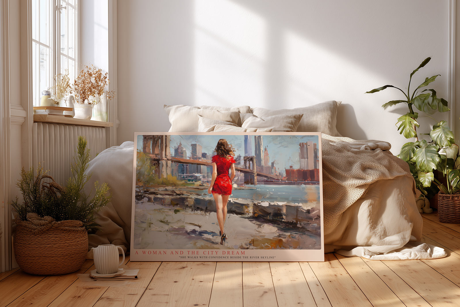 Paul Sinus Wandbild A Woman and the City Dream Red Dress Beside the River Skyline