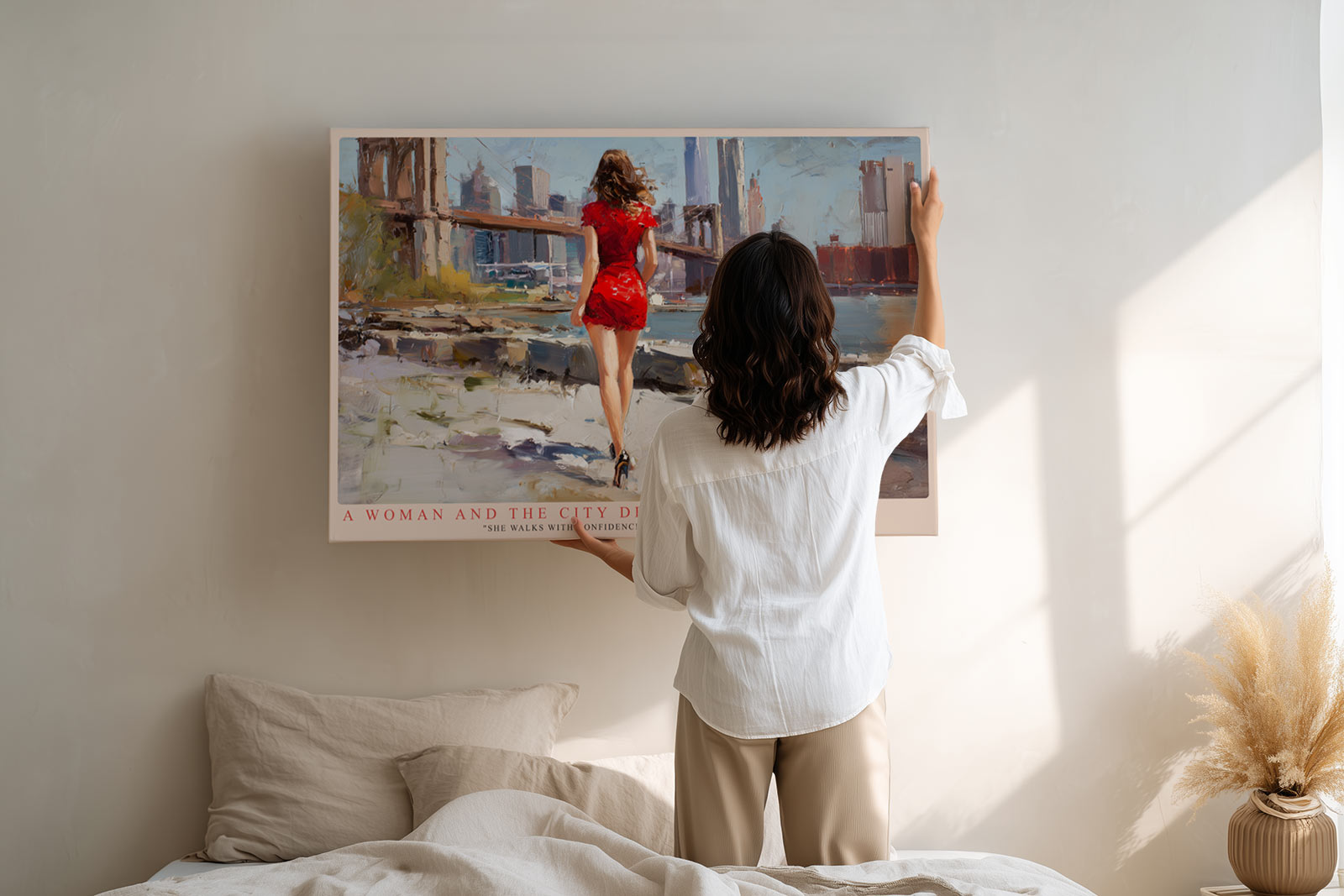 Paul Sinus Wandbild A Woman and the City Dream Red Dress Beside the River Skyline