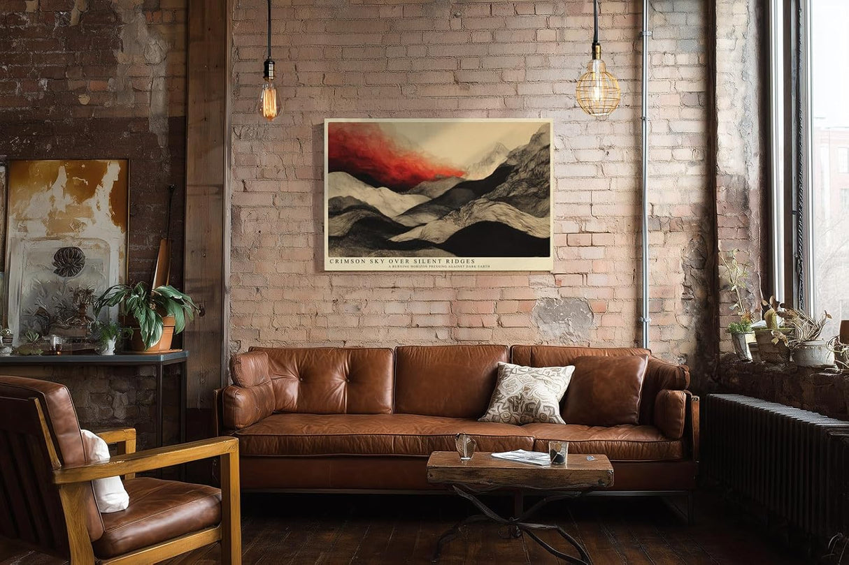 Paul Sinus Wandbild 120x80cm Abstrakte Berglandschaft roter Himmel moderne Landschaftskunst Wanddekoration Berge Kunst Wohnzimmer Schlafzimmer