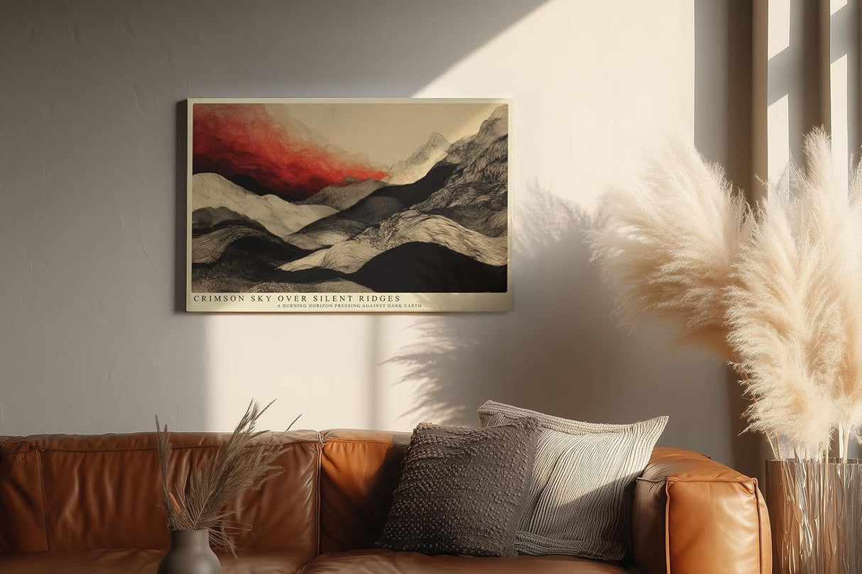 Paul Sinus Wandbild 120x80cm Abstrakte Berglandschaft roter Himmel moderne Landschaftskunst Wanddekoration Berge Kunst Wohnzimmer Schlafzimmer