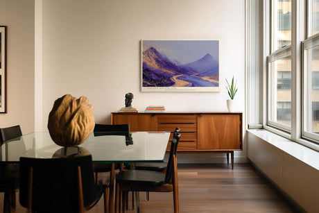 Paul Sinus Wandbild 120x80cm abstrakte Berglandschaft violett gold moderne Landschaftskunst traumhafte Naturmalerei grosses Kunstbild Wanddekoration fuer Wohnzimmer Büro