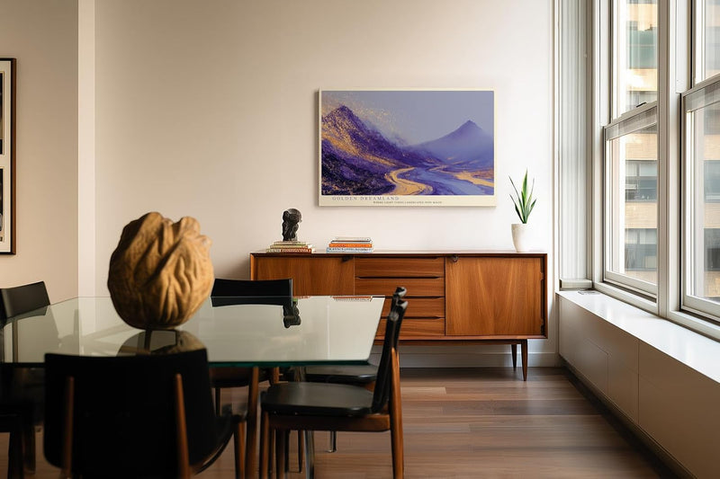 Paul Sinus Wandbild 120x80cm abstrakte Berglandschaft violett gold moderne Landschaftskunst traumhafte Naturmalerei grosses Kunstbild Wanddekoration fuer Wohnzimmer Büro