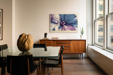Paul Sinus Wandbild 120x80cm abstrakte Bluete moderne florale Kunst in Blau und Violett kuenstlerische Makro Blume stilvolle Wanddekoration fuer Wohnzimmer Büro