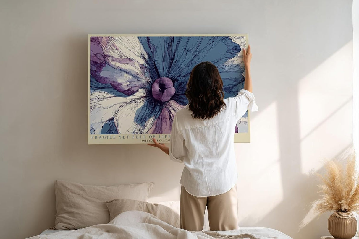 Paul Sinus Wandbild 120x80cm abstrakte Bluete moderne florale Kunst in Blau und Violett kuenstlerische Makro Blume stilvolle Wanddekoration fuer Wohnzimmer Büro