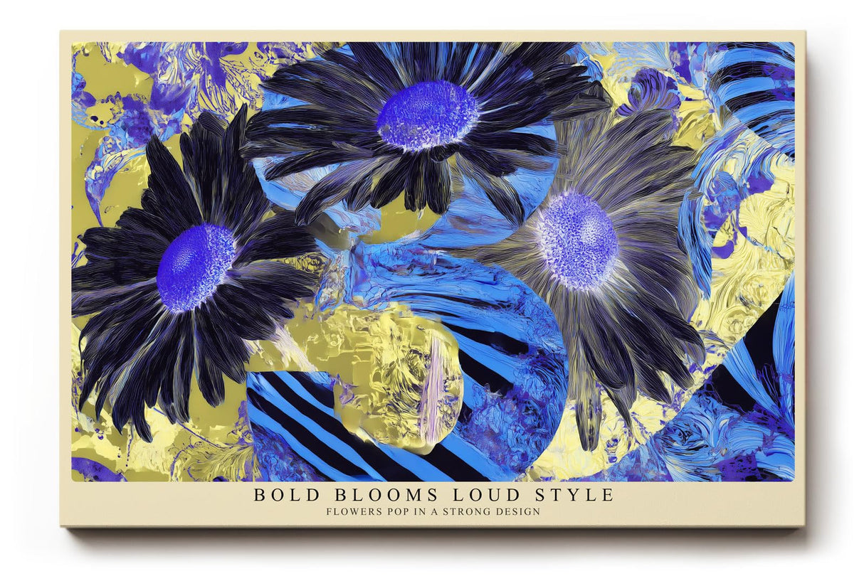 Paul Sinus Wandbild 120x80cm Abstrakte Blumen in kräftigen Farben – Modernes florales Kunstmotiv in Blau und Gelb für kreative Wohnräume
