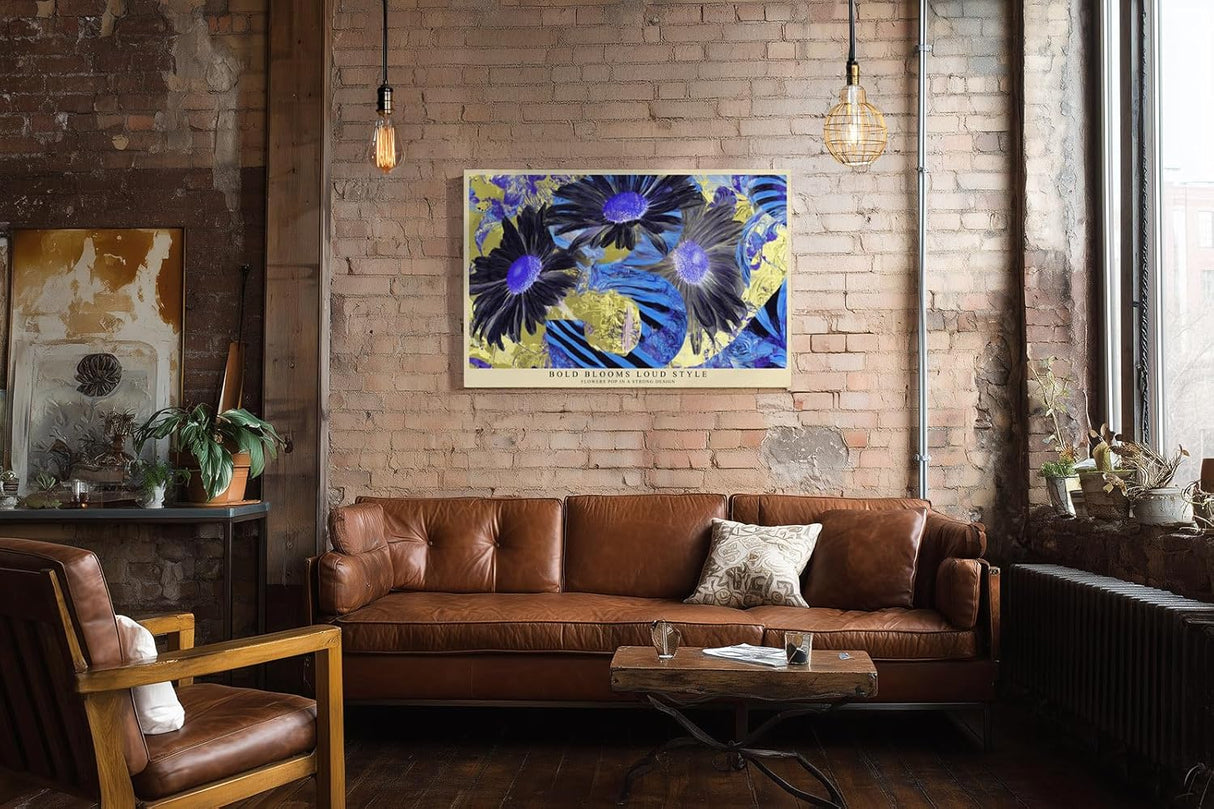 Paul Sinus Wandbild 120x80cm Abstrakte Blumen in kräftigen Farben – Modernes florales Kunstmotiv in Blau und Gelb für kreative Wohnräume