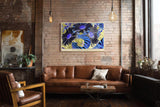 Paul Sinus Wandbild 120x80cm Abstrakte Blumen in kräftigen Farben – Modernes florales Kunstmotiv in Blau und Gelb für kreative Wohnräume