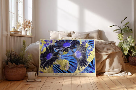 Paul Sinus Wandbild 120x80cm Abstrakte Blumen in kräftigen Farben – Modernes florales Kunstmotiv in Blau und Gelb für kreative Wohnräume