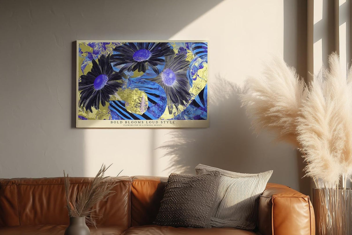Paul Sinus Wandbild 120x80cm Abstrakte Blumen in kräftigen Farben – Modernes florales Kunstmotiv in Blau und Gelb für kreative Wohnräume