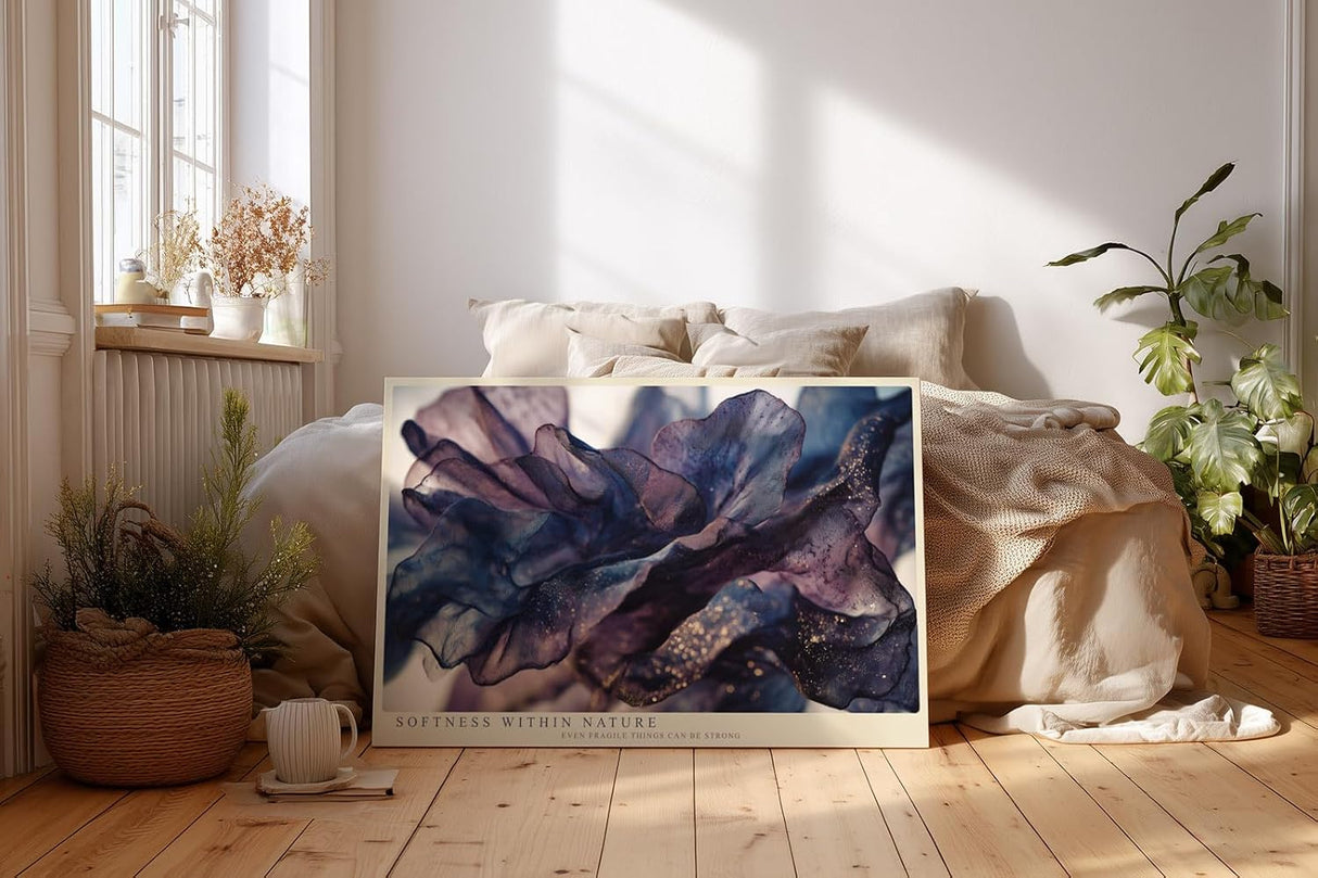 Paul Sinus Wandbild 120x80cm abstrakte Blumen modern violett blau goldene Akzente florale Kunst grosses Kunstbild elegante Wanddekoration fuer Wohnzimmer Büro