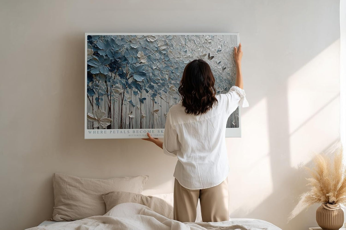 Paul Sinus Wandbild 120x80cm Abstrakte Blumen und Schmetterlinge Strukturkunst in Blau Weiss fuer Wohnzimmer Schlafzimmer und moderne Wohnräume