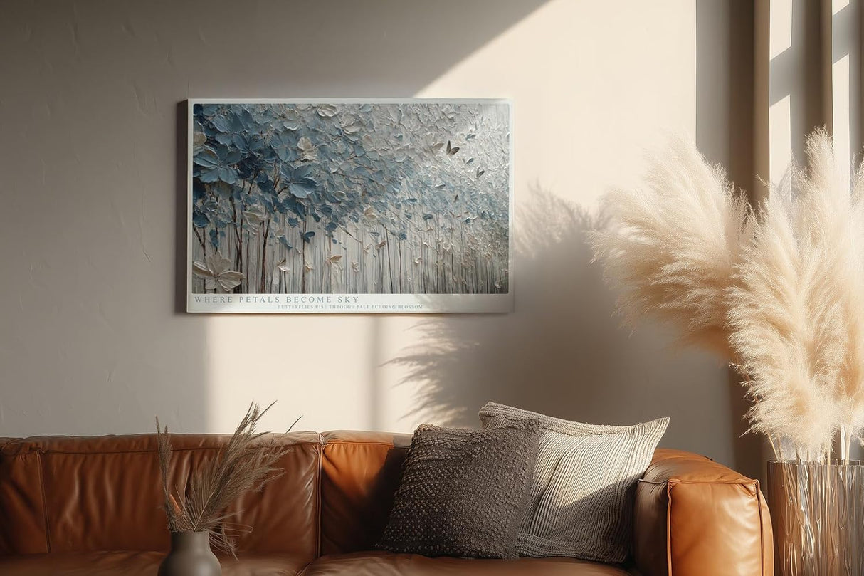 Paul Sinus Wandbild 120x80cm Abstrakte Blumen und Schmetterlinge Strukturkunst in Blau Weiss fuer Wohnzimmer Schlafzimmer und moderne Wohnräume