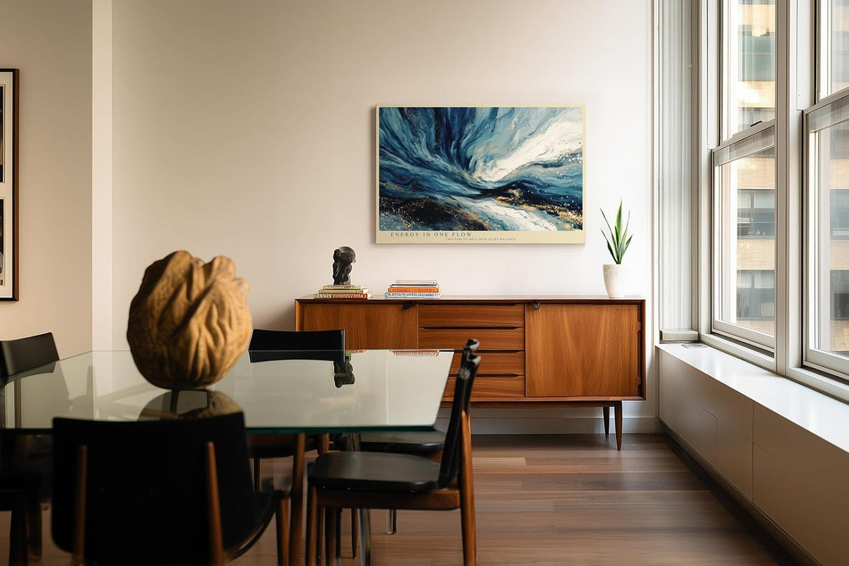 Paul Sinus Wandbild 120x80cm Abstrakte Energie Bewegung in Blau Weiss und Gold Moderne Kunst Wanddekoration