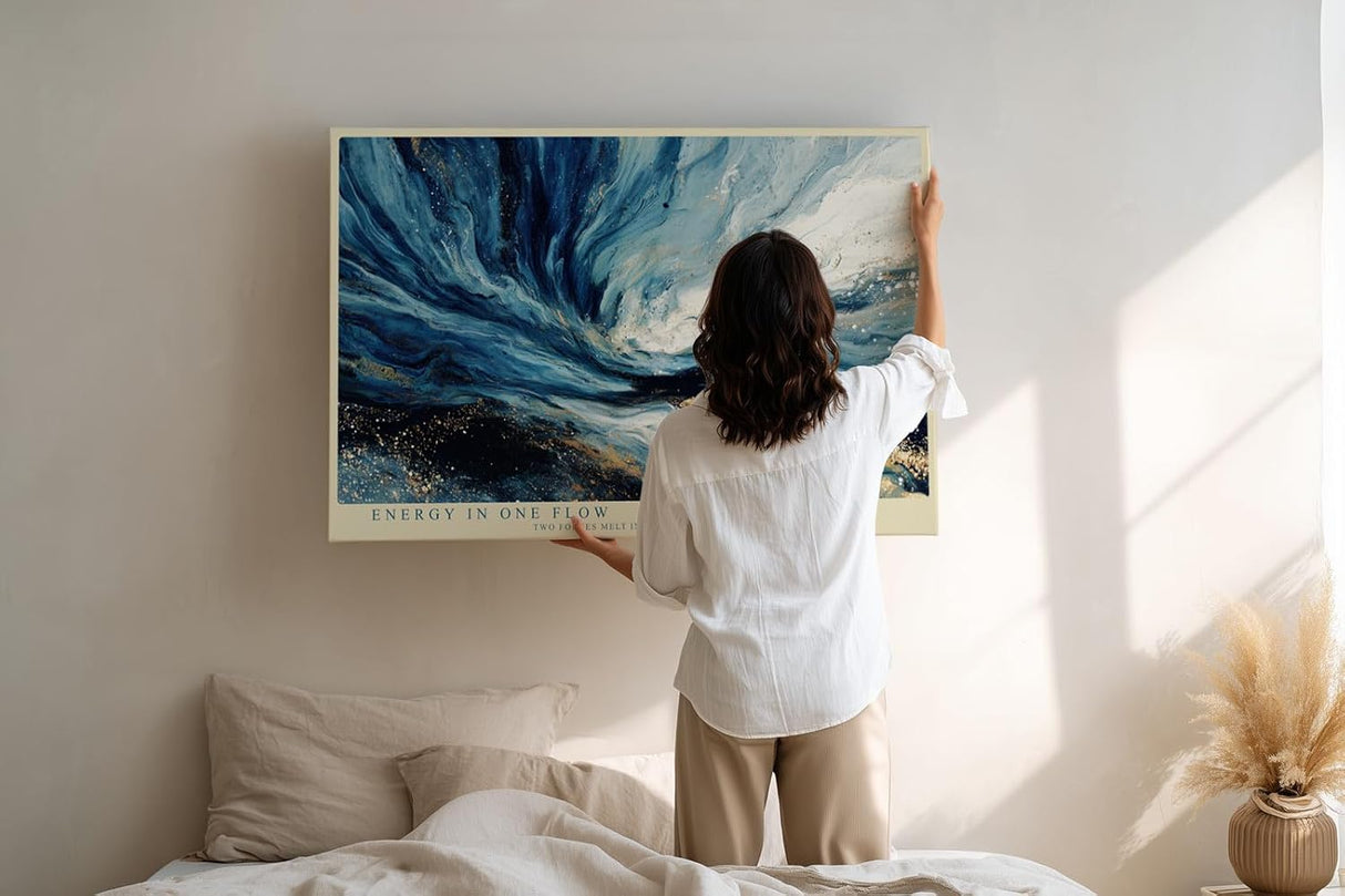 Paul Sinus Wandbild 120x80cm Abstrakte Energie Bewegung in Blau Weiss und Gold Moderne Kunst Wanddekoration
