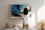 Paul Sinus Wandbild 120x80cm Abstrakte Energie Bewegung in Blau Weiss und Gold Moderne Kunst Wanddekoration