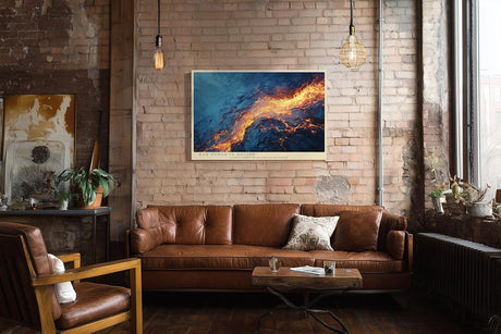 Paul Sinus Wandbild 120x80cm abstrakte Energie modern blau orange Lava Stil Kunst Kunstdruck grosses Kunstbild dynamische Wanddekoration fuer Wohnzimmer Büro