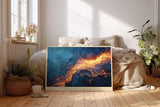 Paul Sinus Wandbild 120x80cm abstrakte Energie modern blau orange Lava Stil Kunst Kunstdruck grosses Kunstbild dynamische Wanddekoration fuer Wohnzimmer Büro