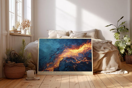 Paul Sinus Wandbild 120x80cm abstrakte Energie modern blau orange Lava Stil Kunst Kunstdruck grosses Kunstbild dynamische Wanddekoration fuer Wohnzimmer Büro