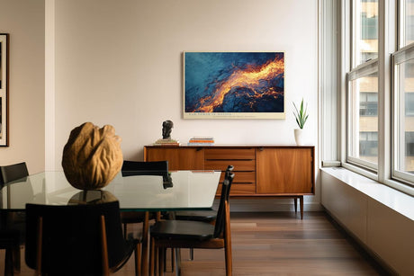 Paul Sinus Wandbild 120x80cm abstrakte Energie modern blau orange Lava Stil Kunst Kunstdruck grosses Kunstbild dynamische Wanddekoration fuer Wohnzimmer Büro