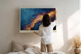 Paul Sinus Wandbild 120x80cm abstrakte Energie modern blau orange Lava Stil Kunst Kunstdruck grosses Kunstbild dynamische Wanddekoration fuer Wohnzimmer Büro