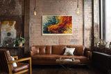 Paul Sinus Wandbild 120x80cm abstrakte Farben Explosion modern blau orange Kunst Kunstdruck grosses Kunstbild dynamische Wanddekoration fuer Wohnzimmer Büro
