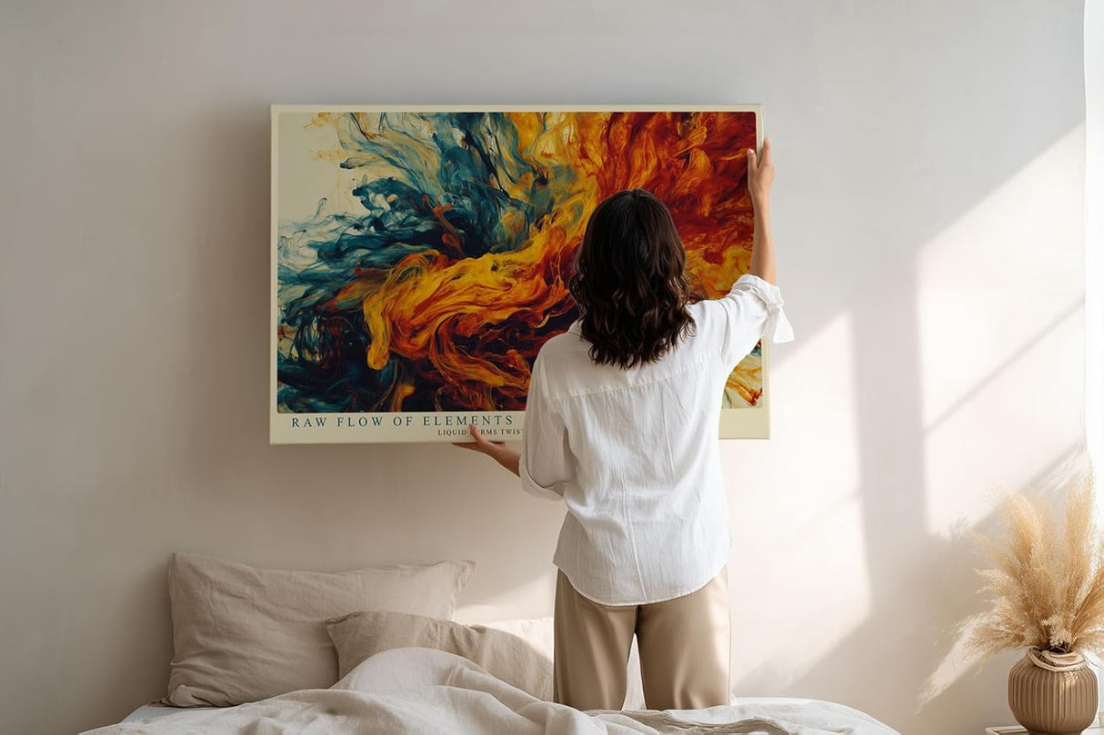 Paul Sinus Wandbild 120x80cm abstrakte Farben Explosion modern blau orange Kunst Kunstdruck grosses Kunstbild dynamische Wanddekoration fuer Wohnzimmer Büro