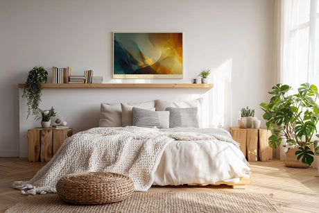 Paul Sinus Wandbild 120x80cm abstrakte Farben moderne Kunst fliessende Formen gold blau Kunstdruck stilvolle Wanddekoration fuer Wohnzimmer Büro Schlafzimmer