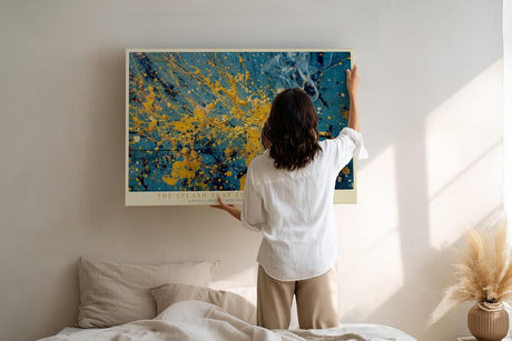 Paul Sinus Wandbild 120x80cm Abstrakte Farbexplosion Gelb Blau Moderne Kunst Kreative Farbspritzer Komposition